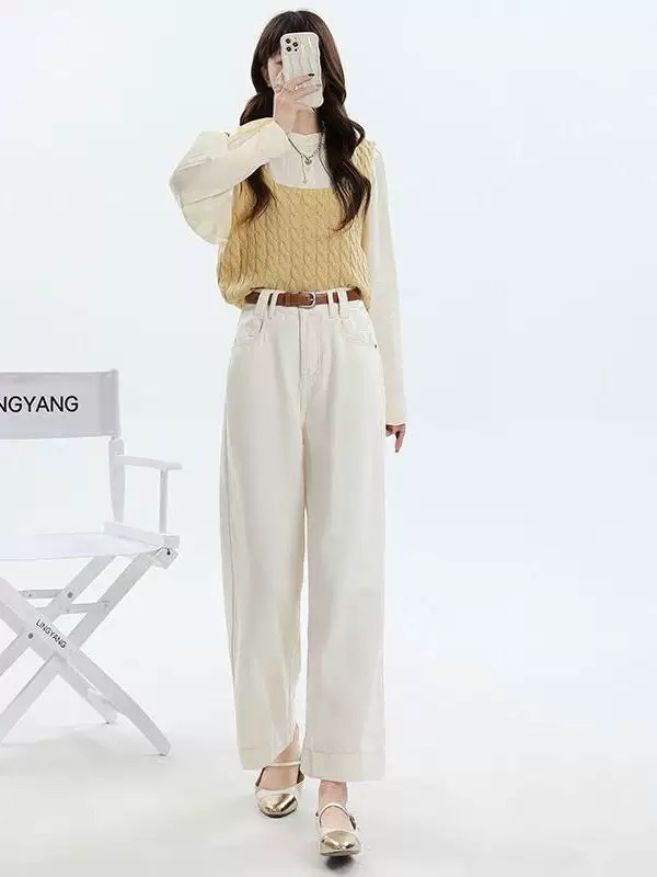 妮妮家88661春夏新款高腰垂感宽松阔腿直筒牛仔裤