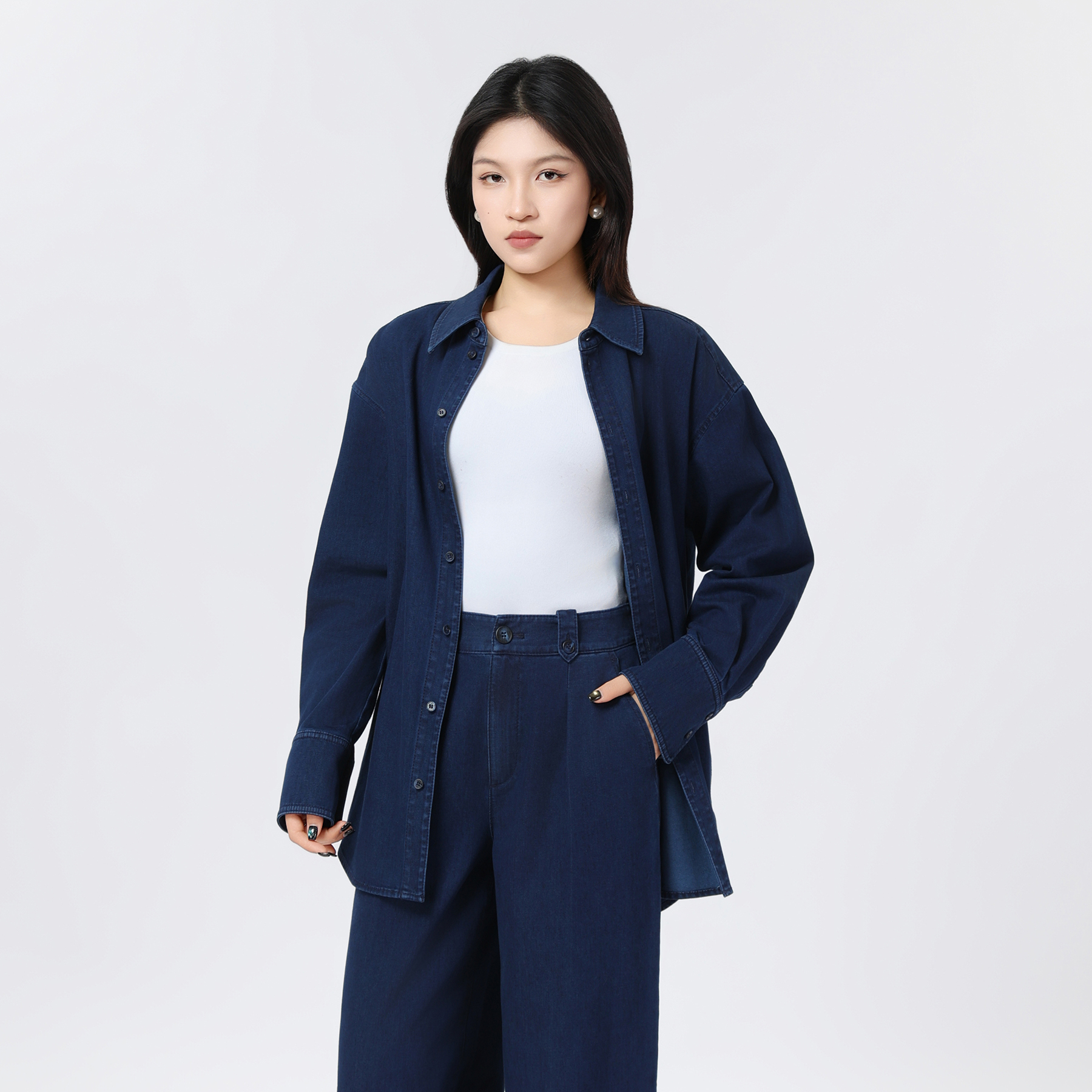 GIRDEAR/哥弟新款春夏气质女款休闲长袖牛仔衬衫翻领外套130082