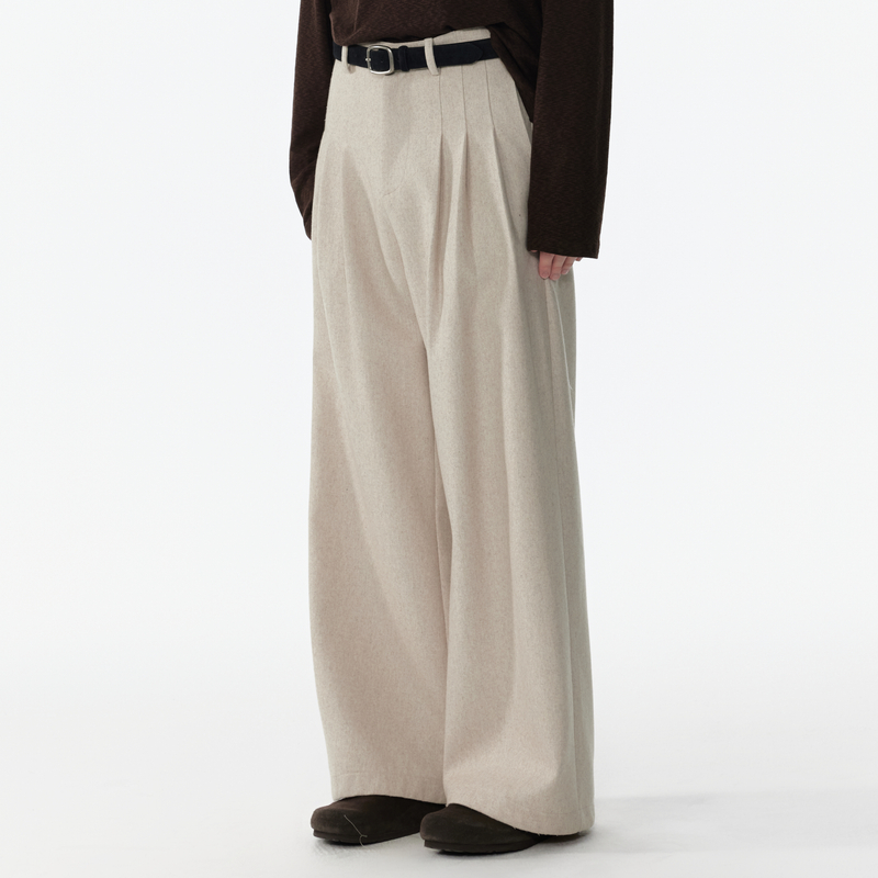 APOECHO 新款秋季米白色多褶羊毛混纺阔腿西装裤复古垂感柔软长裤