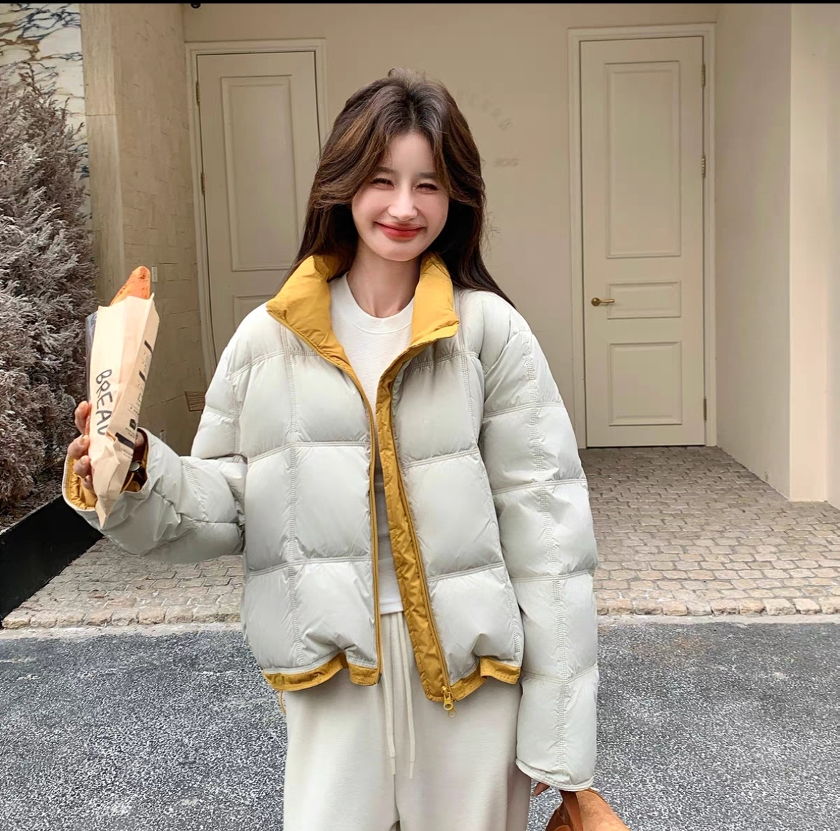 YY Earning BiIIions学院风短款加厚宽松立领保暖90白鸭绒羽绒服