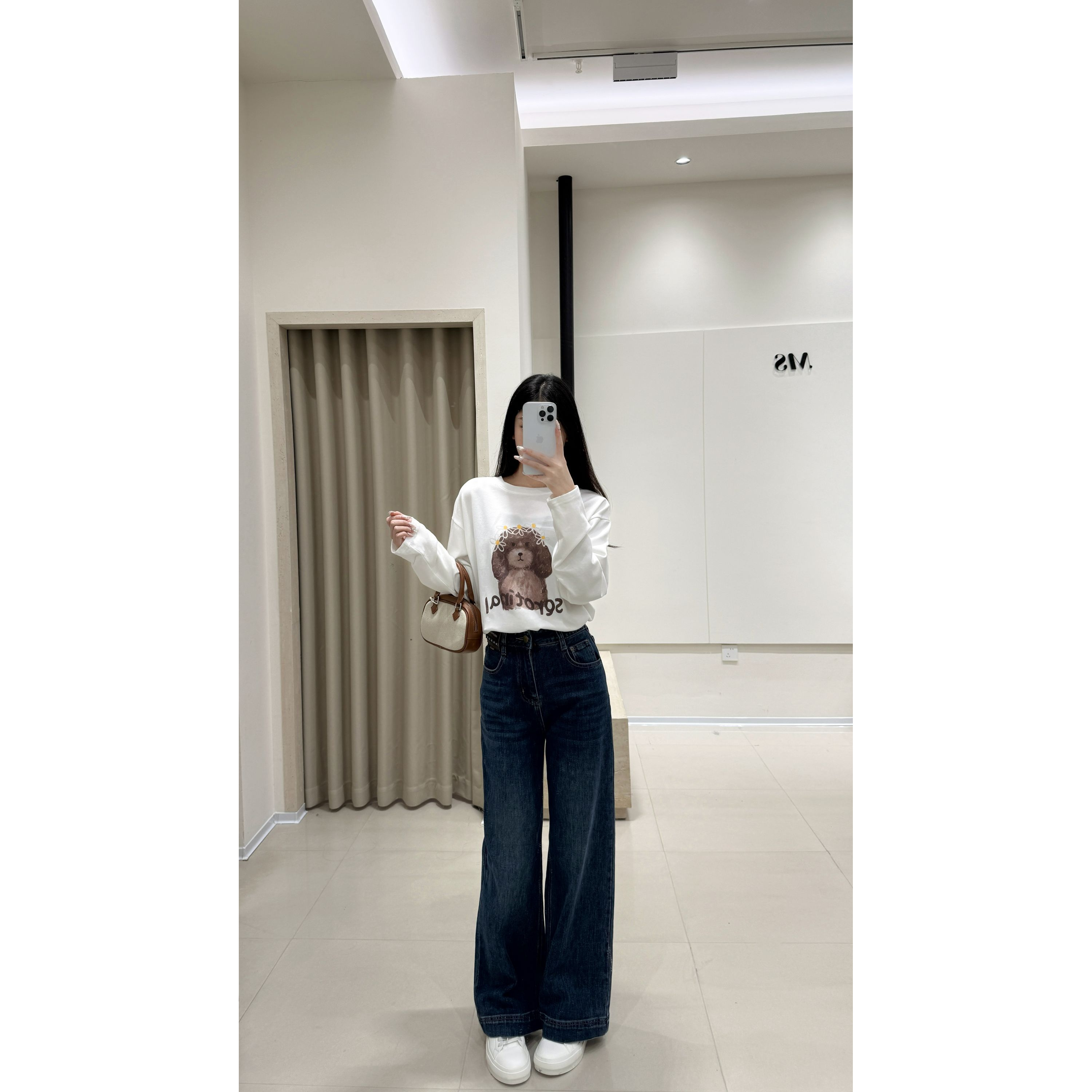 韩系圆领小狗印花长袖T恤休闲百搭宽松修身打底衫2025秋冬新款