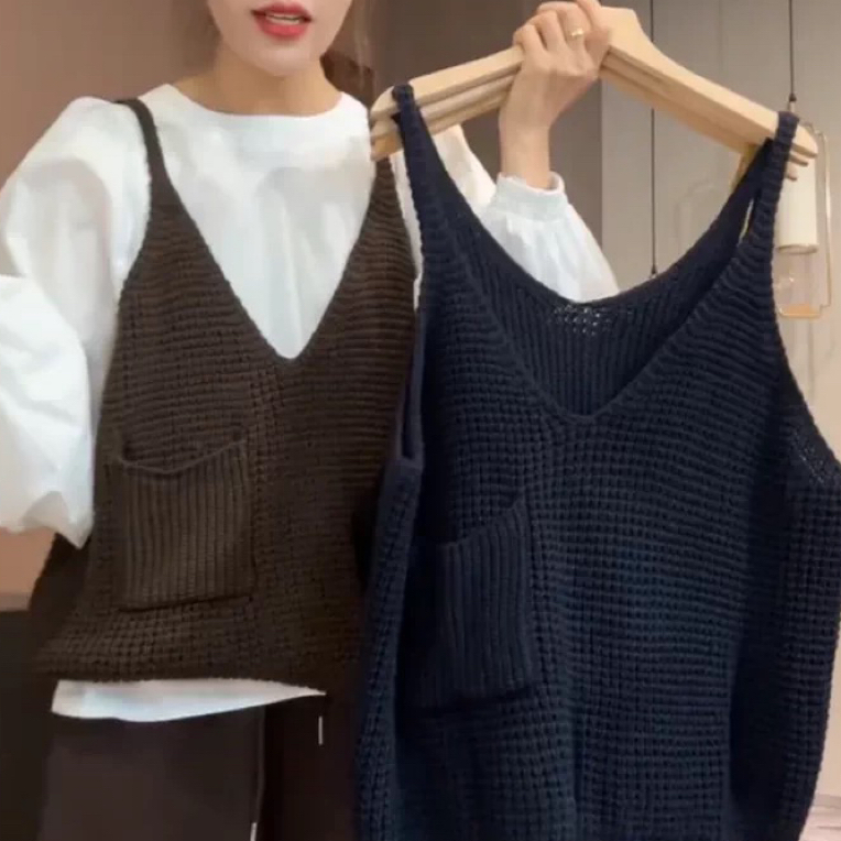 爱情魔鬼鱼时尚套装女2025秋季新款圆领长袖衬衫上衣背心两件套