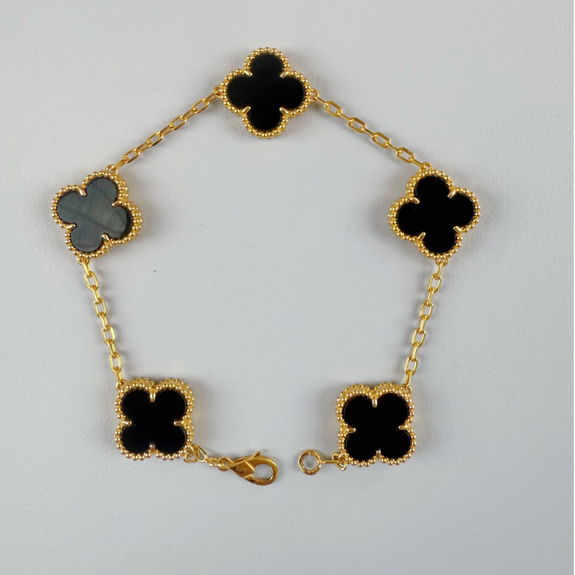 18k金黑玛瑙四叶草15mm五花手链 精工版