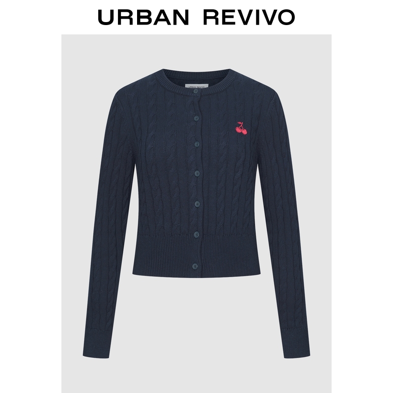 UR2025秋季新款女装休闲绞花肌理樱桃刺绣针织开衫UYY950116