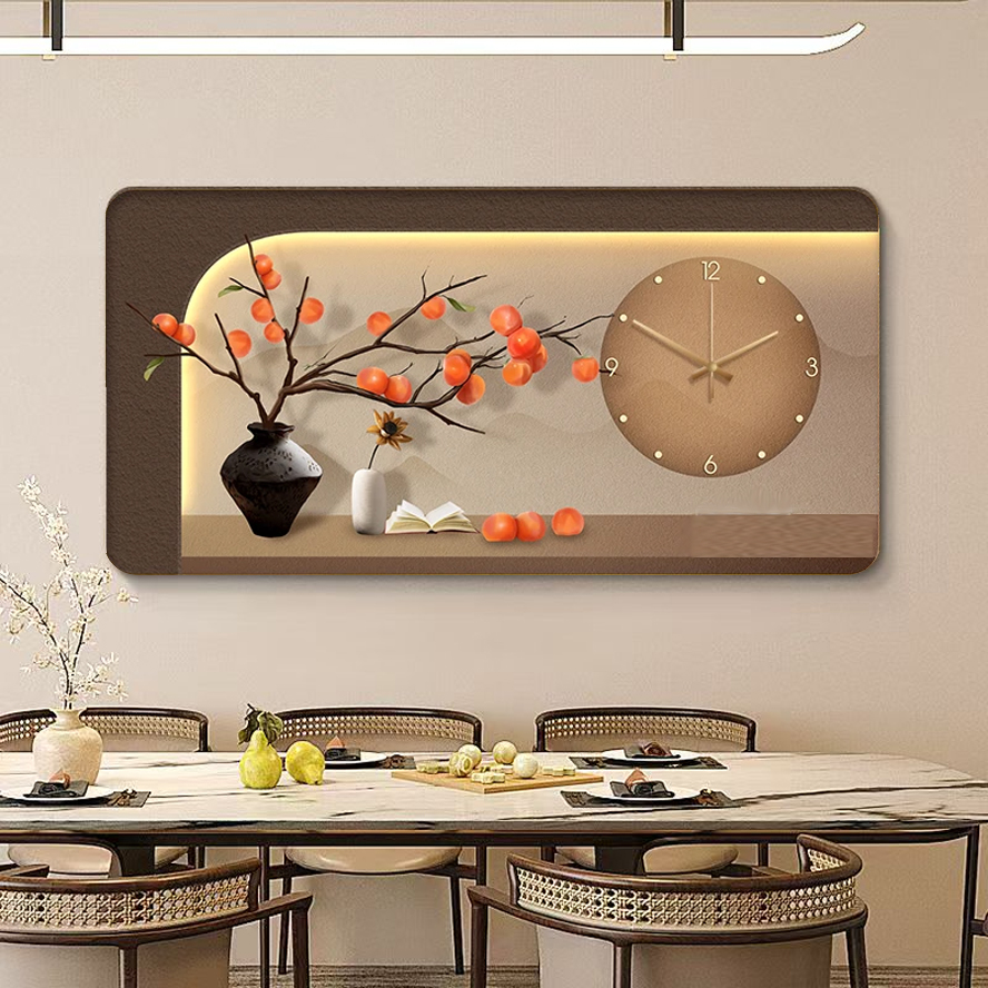 DE-053灯光画钟表画新中式餐厅墙柿柿如意静音时钟装饰挂画