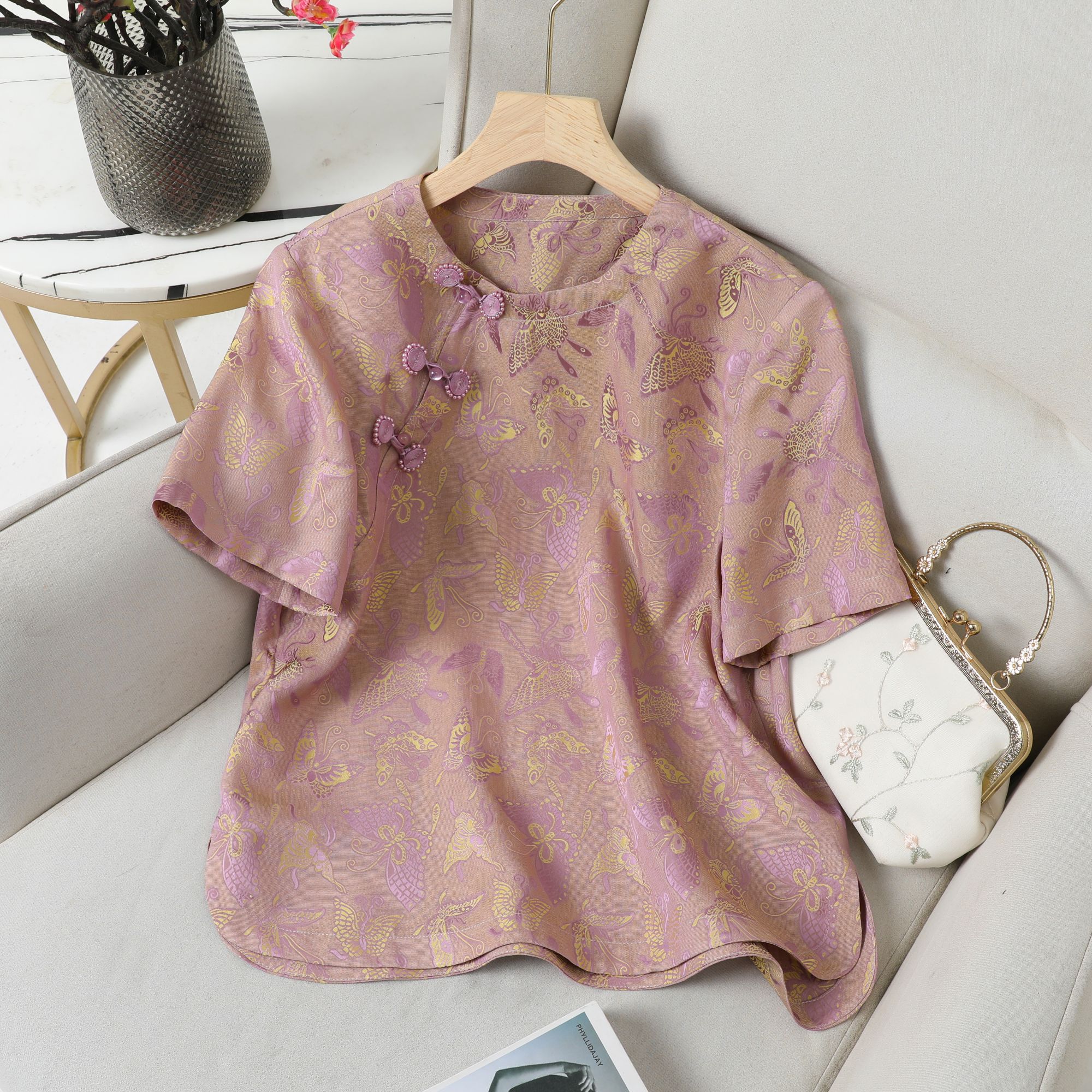 盘扣复古蝴蝶短袖薄款圆领斜襟上衣夏季百搭文艺日常民族风139