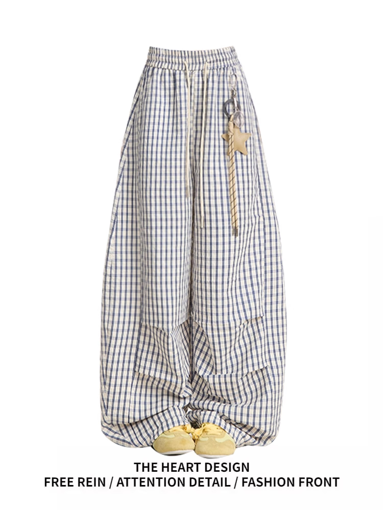 小众设计感星星挂饰裤子夏季蓝色格子直筒裤女垂感慵懒休闲阔腿裤