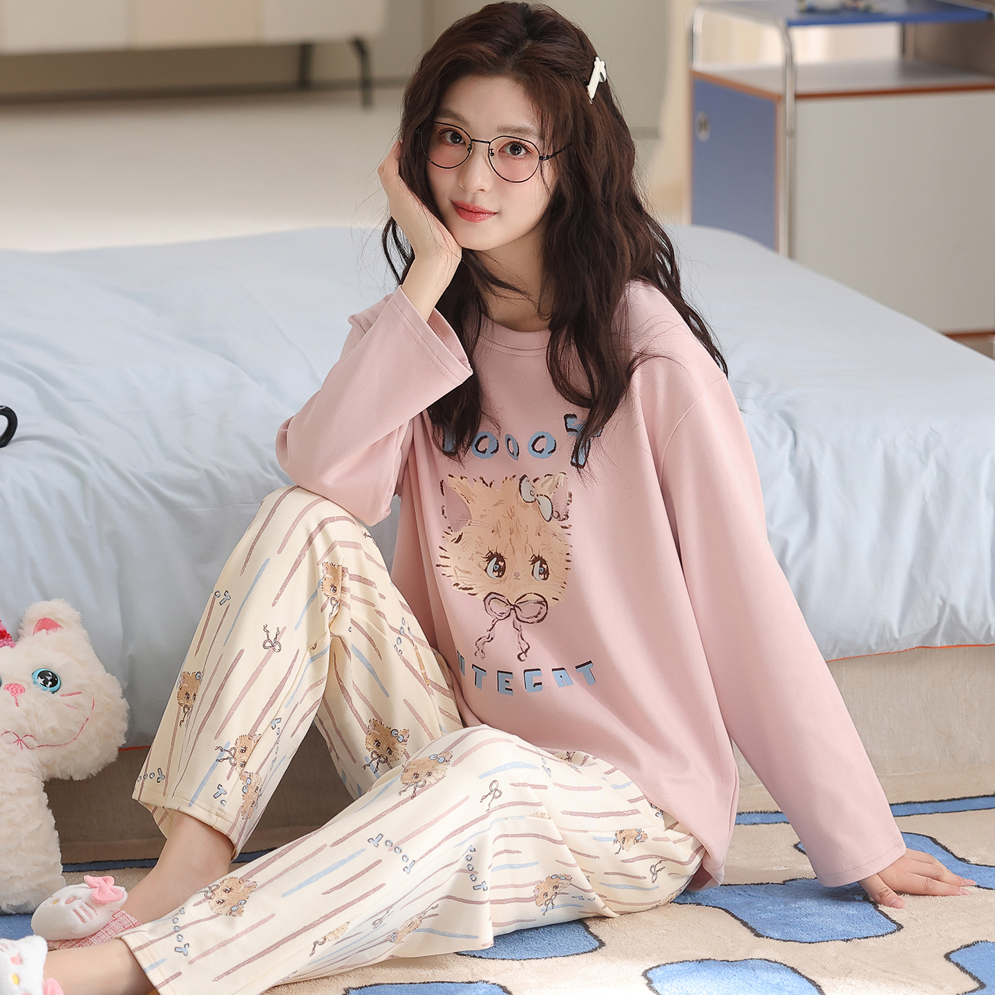 卡之恋睡衣女春秋季新款长袖纯棉淡粉色小花猫甜美家居服