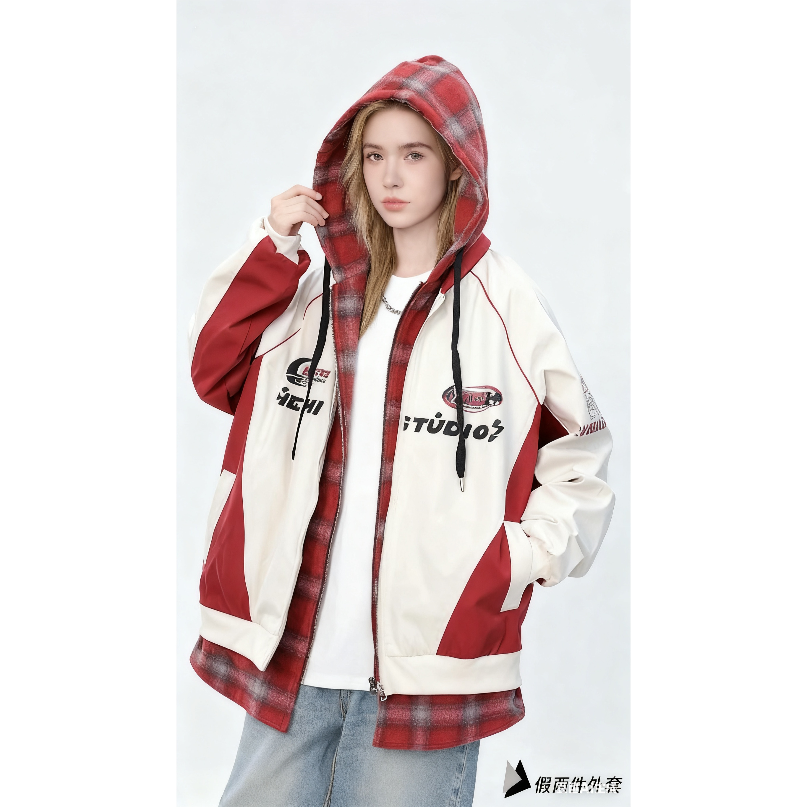 春秋新款美式机车格子衫假两件连帽外套男女款情侣宽松夹克