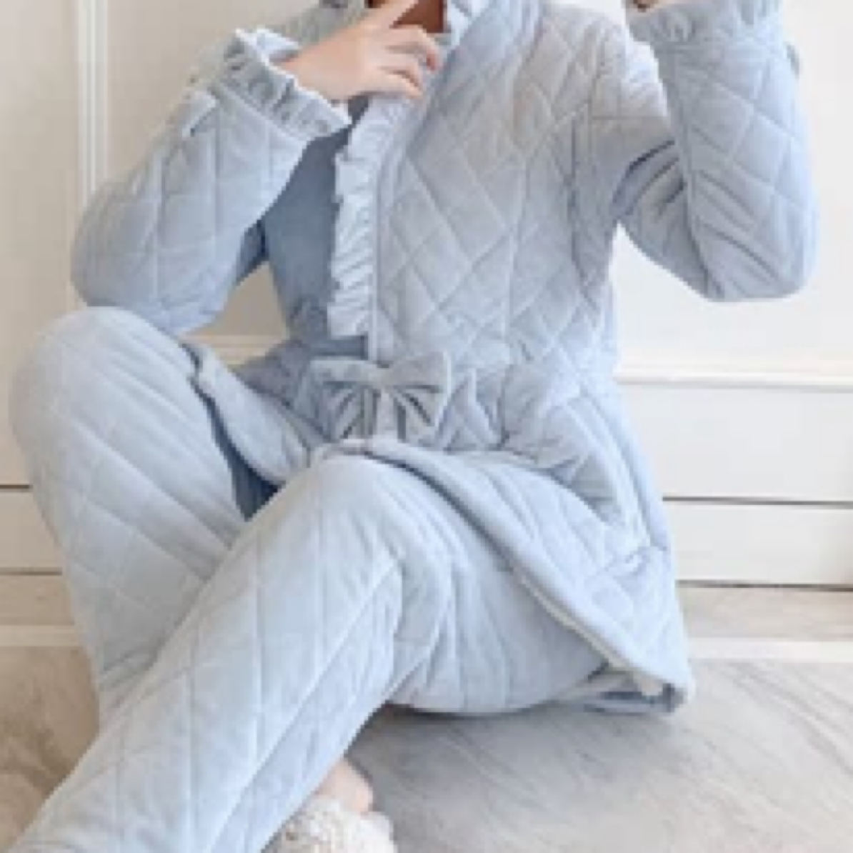 银狐小站领金丝绒收腰蝴蝶结三层夹棉加厚甜美可外穿家居服