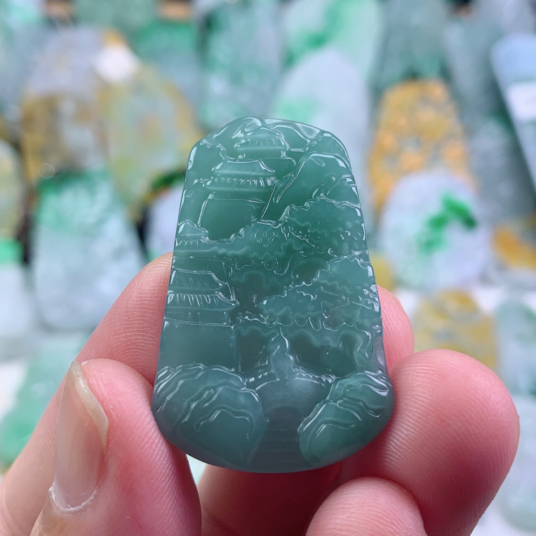 天然A货翡翠冰蓝水精雕小山水吊坠时尚百搭39.2-25-5.2aa