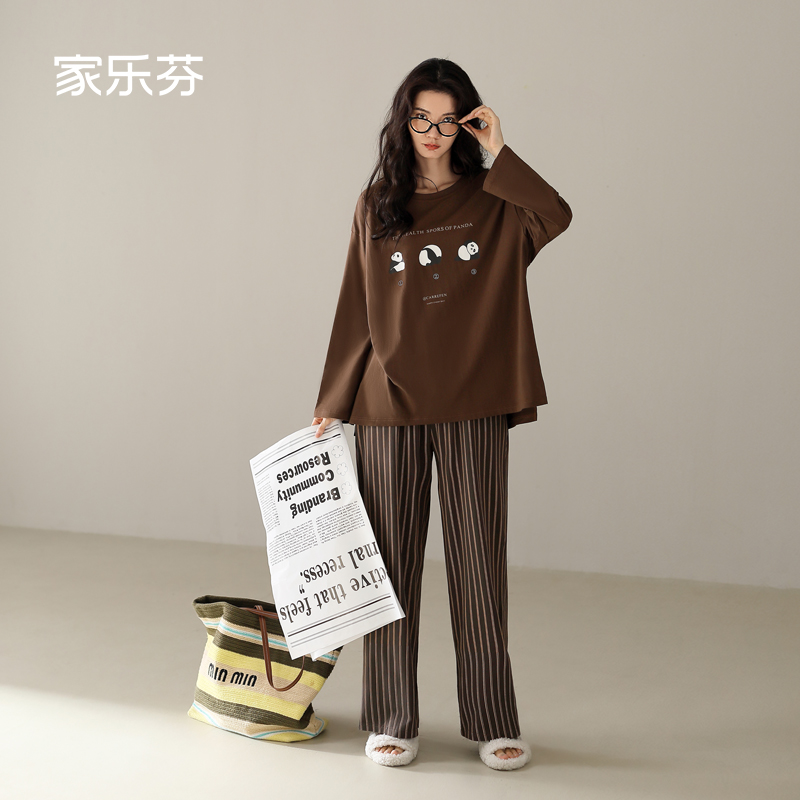 家乐芬睡衣女春秋季纯棉长袖家居服大码复古风条纹圆领套装可外穿