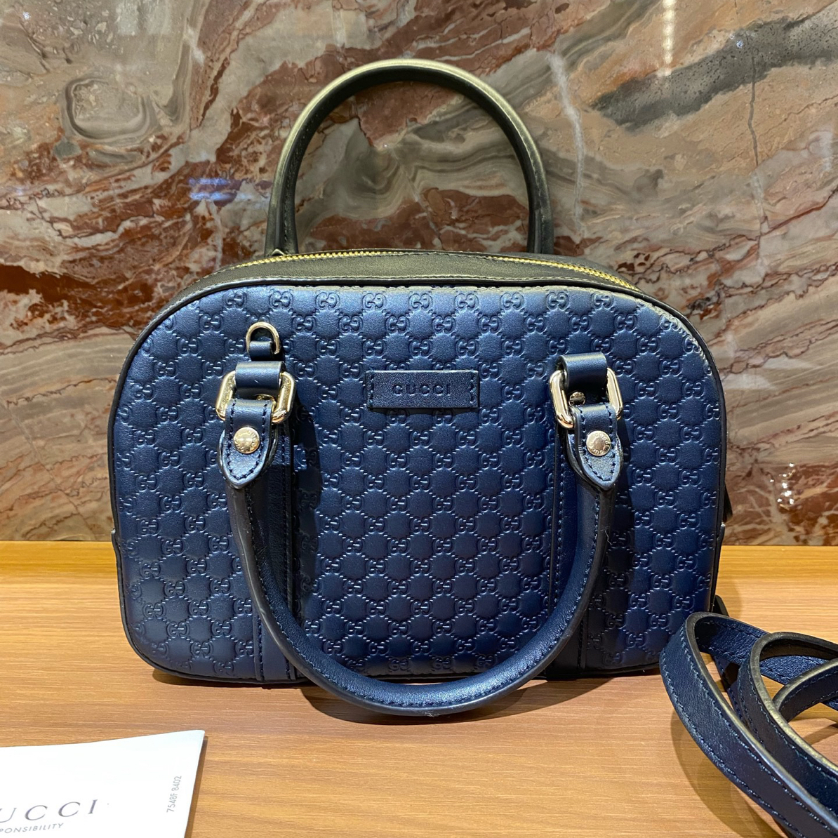 95新 GUCCI/古驰 96新 蓝色压花波士顿 手提+可拆卸肩带