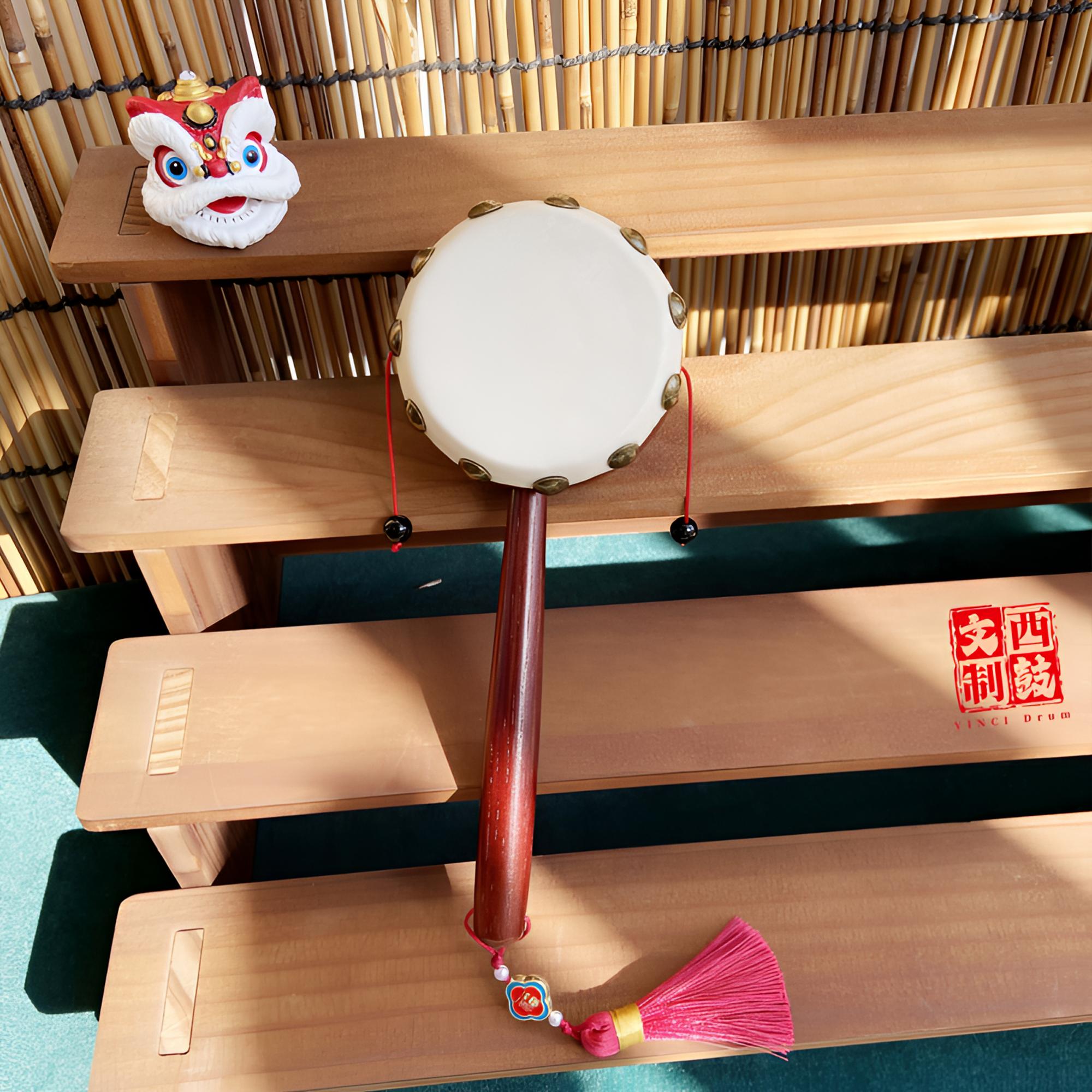 传统实木手工羊皮拨浪鼓儿童益智玩具新生儿婴儿礼物安抚哄娃非遗