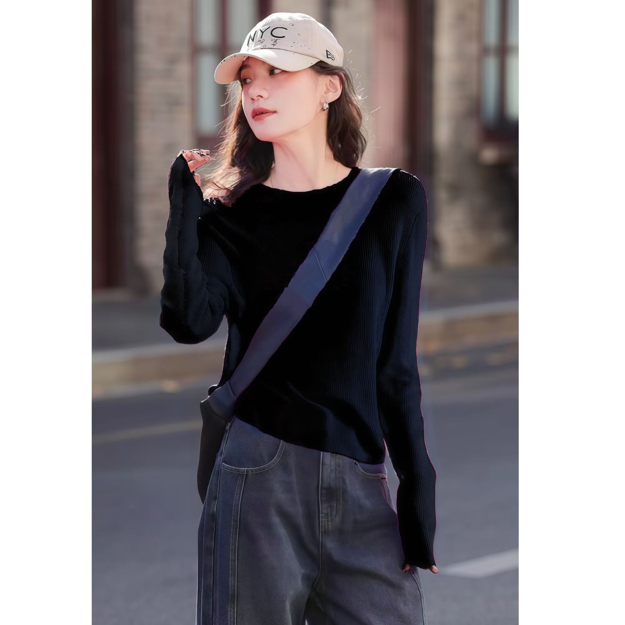 福利--针织极简风纯色百搭长袖套头毛针织衫上衣女