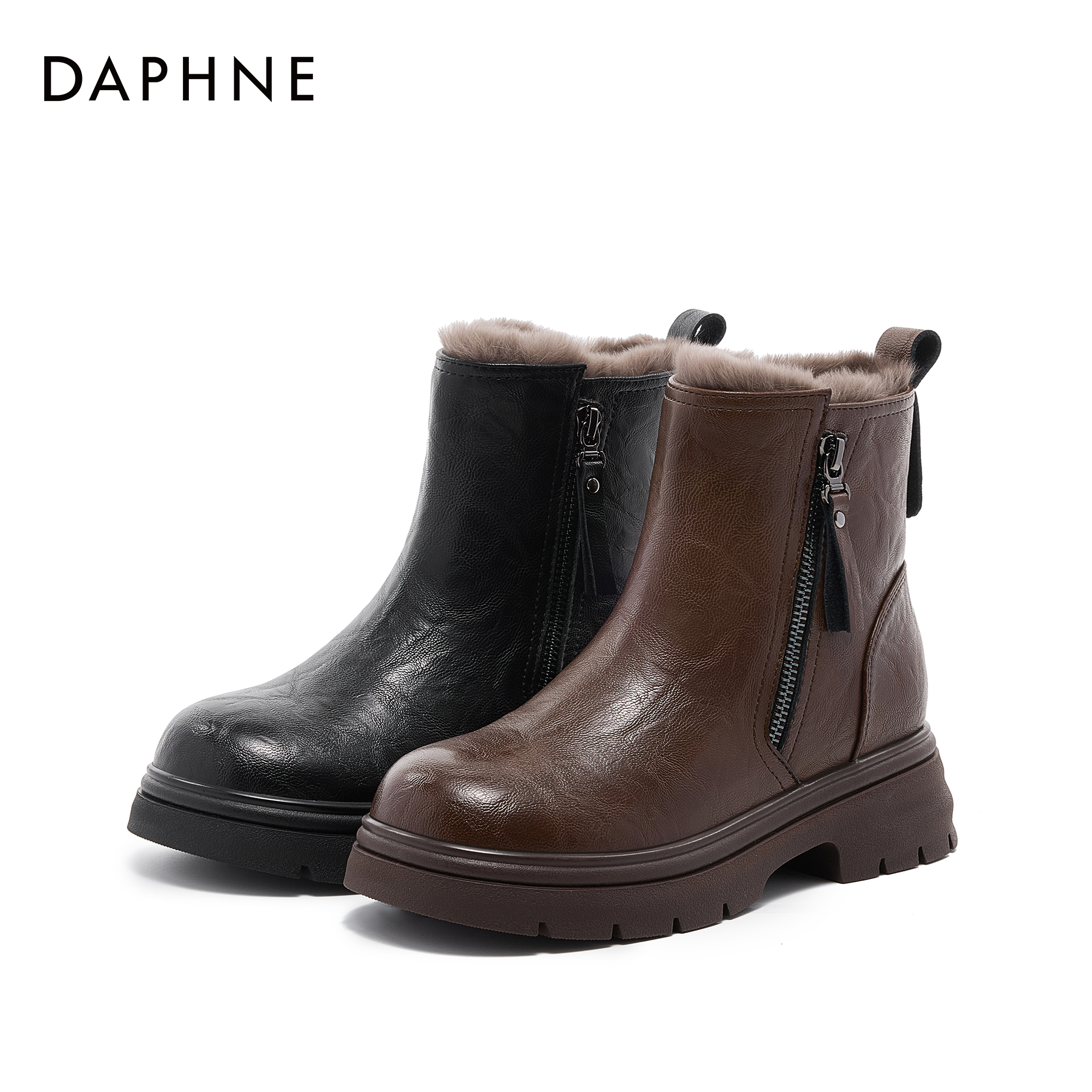 达芙妮时装靴2025冬季日常出行通勤加绒保暖厚底侧拉链女款短靴