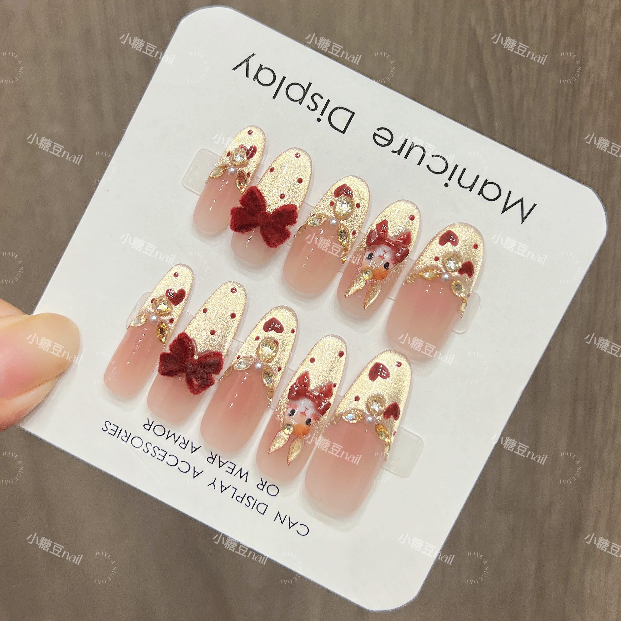 【月兔派对】蝴蝶结法式可爱月兔可爱显白凯蒂猫手工穿戴甲10片装