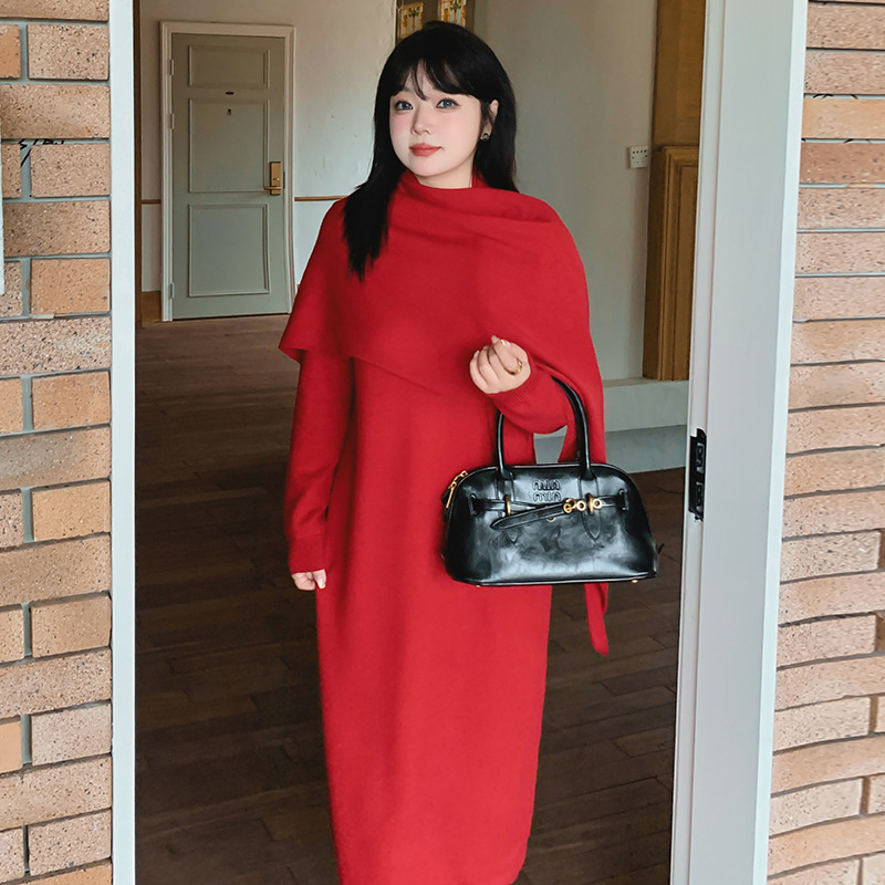 【涵胖胖】清*搭打底裙女针织长裙2024冬款胖mm连衣裙披肩套装22810