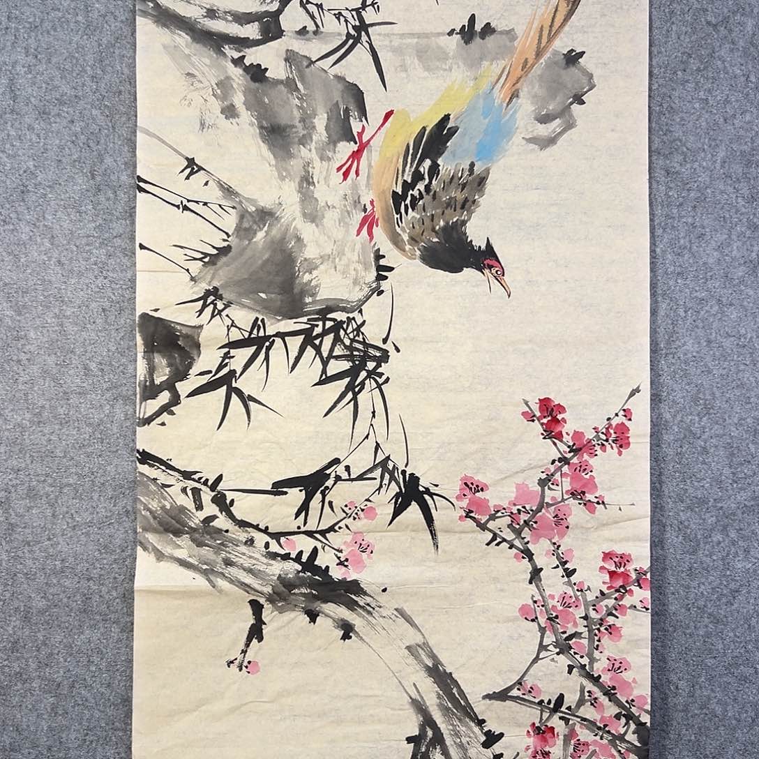 国画457 花鸟在树丛的顶端鸣叫叫声