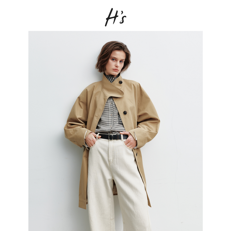 HS驼色中长款风衣女26春季新款高级设计感落肩宽松廓形小个子外套
