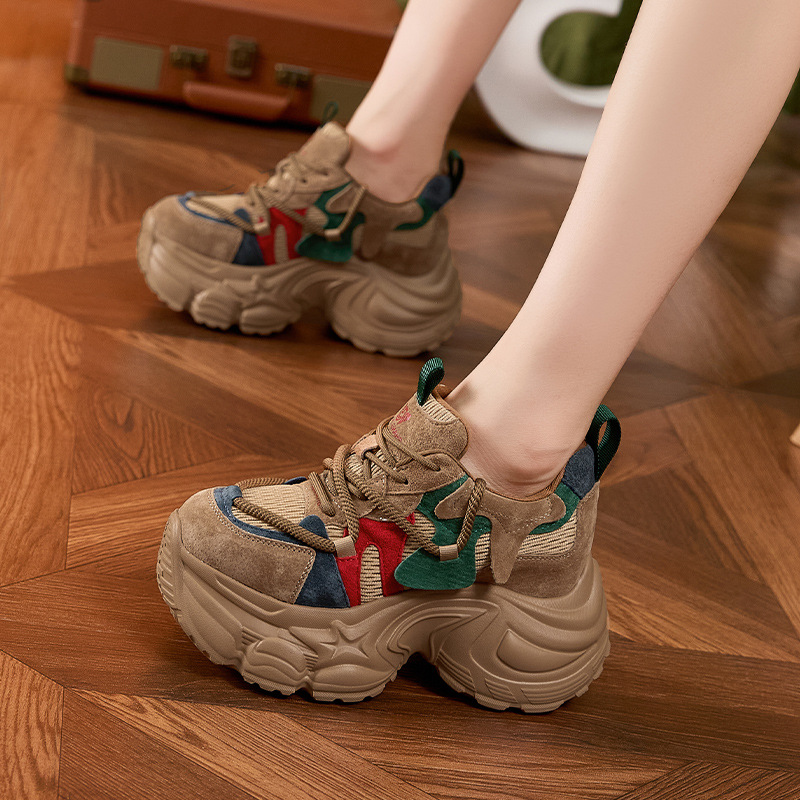厚底老爹鞋女2025秋冬新款复古真皮拼色百搭休闲运动鞋内增高女鞋