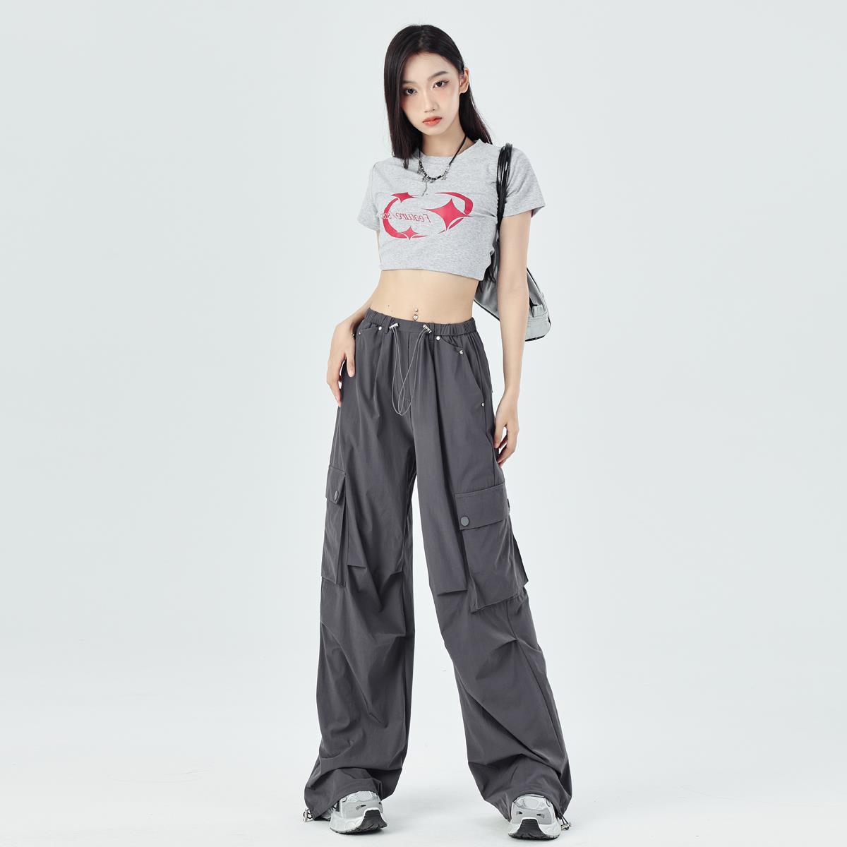 中腰薄款阔腿休闲工装裤女2024新款速干登山裤抽绳束脚裤百搭直筒