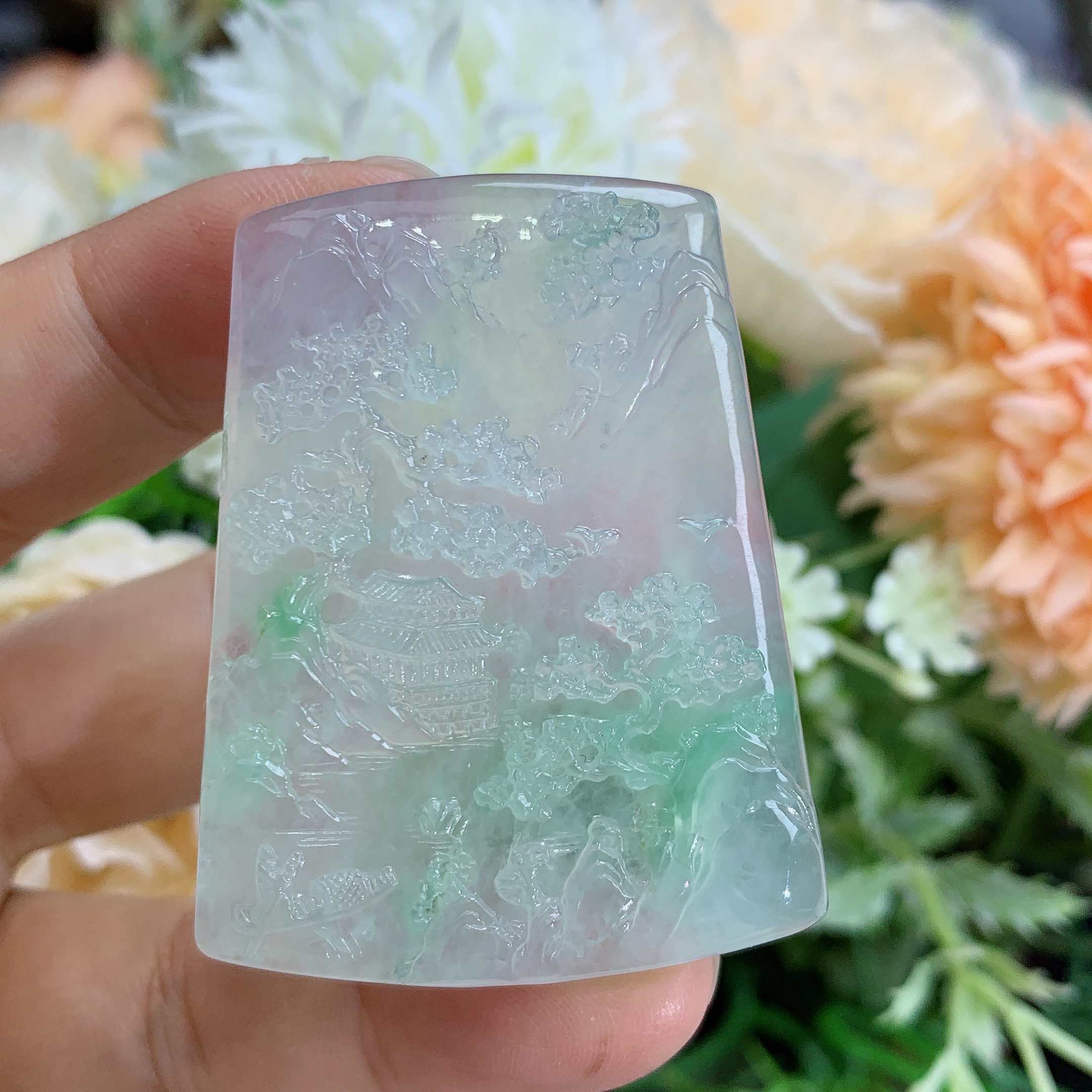 缅甸天然翡翠A货一刀切高冰起光飘绿山水牌财尺寸49.4×38.4×5.9m