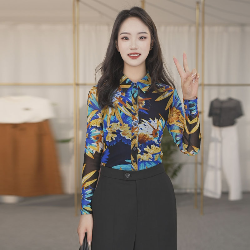 {专柜}商场同款2025春秋经典百搭修身网纱印花长袖衬衫1300782