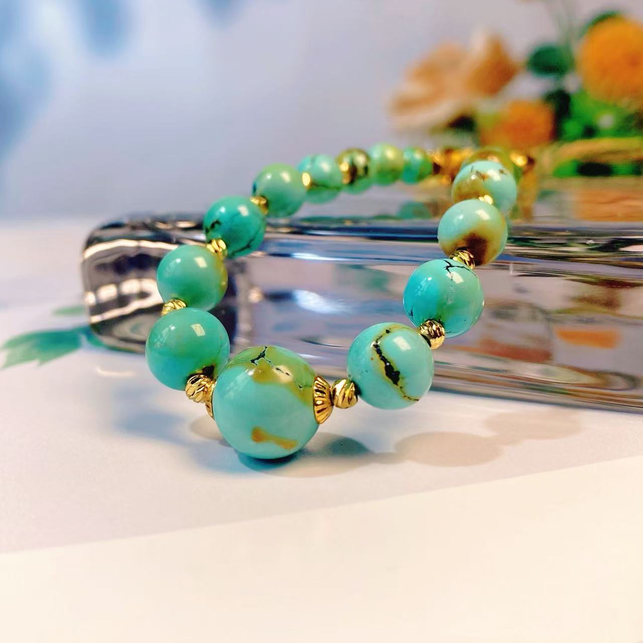 天然原矿绿松石水草纹圆珠项链锁骨链设计手工气质轻奢时尚百搭