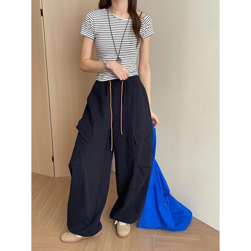 美式时尚复古设计感松紧高腰宽松显瘦抽绳工装裤女秋季新款伞兵裤