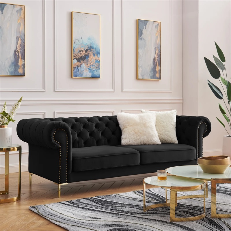 简约美式客厅布艺沙发法式乡村三人沙发天鹅绒北欧现代风拉扣设计