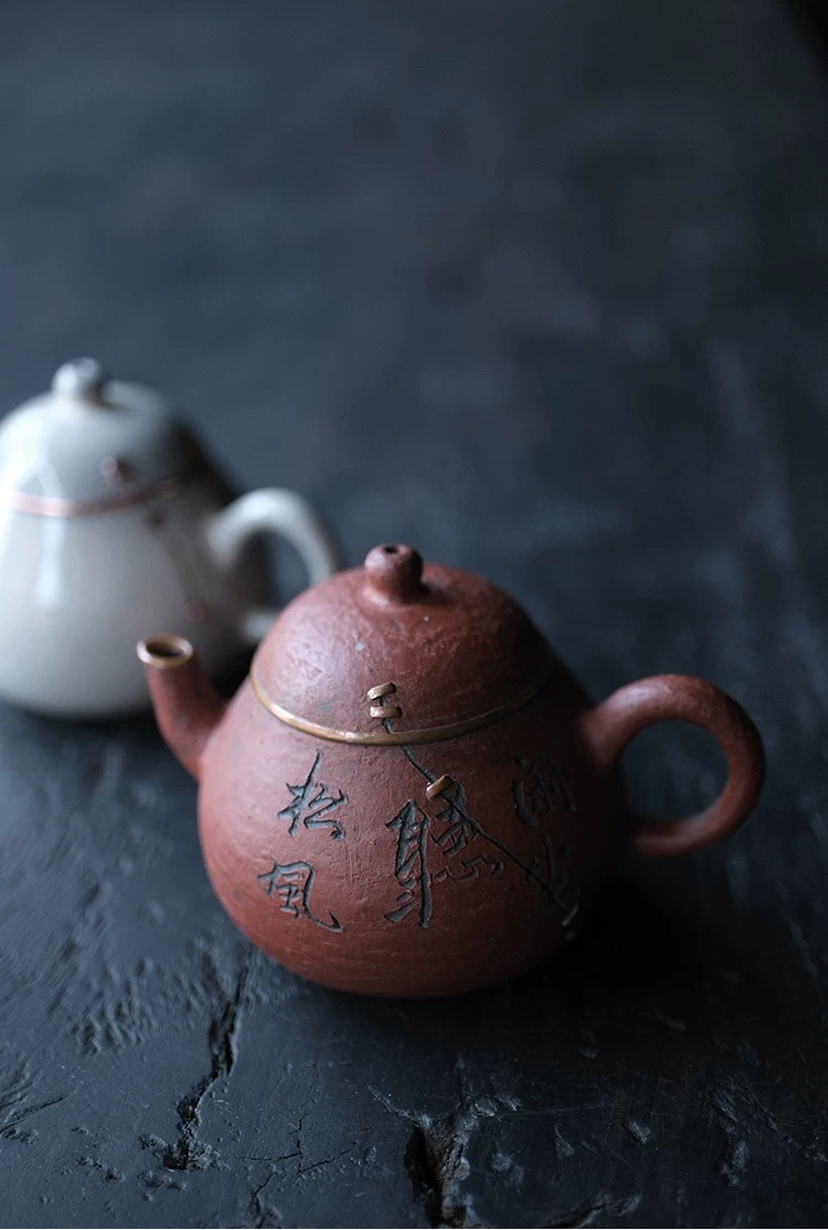 松风舍程伟手作惠山刻字陶瓷手工泡茶壶锔铜钉白色粉引开片可养