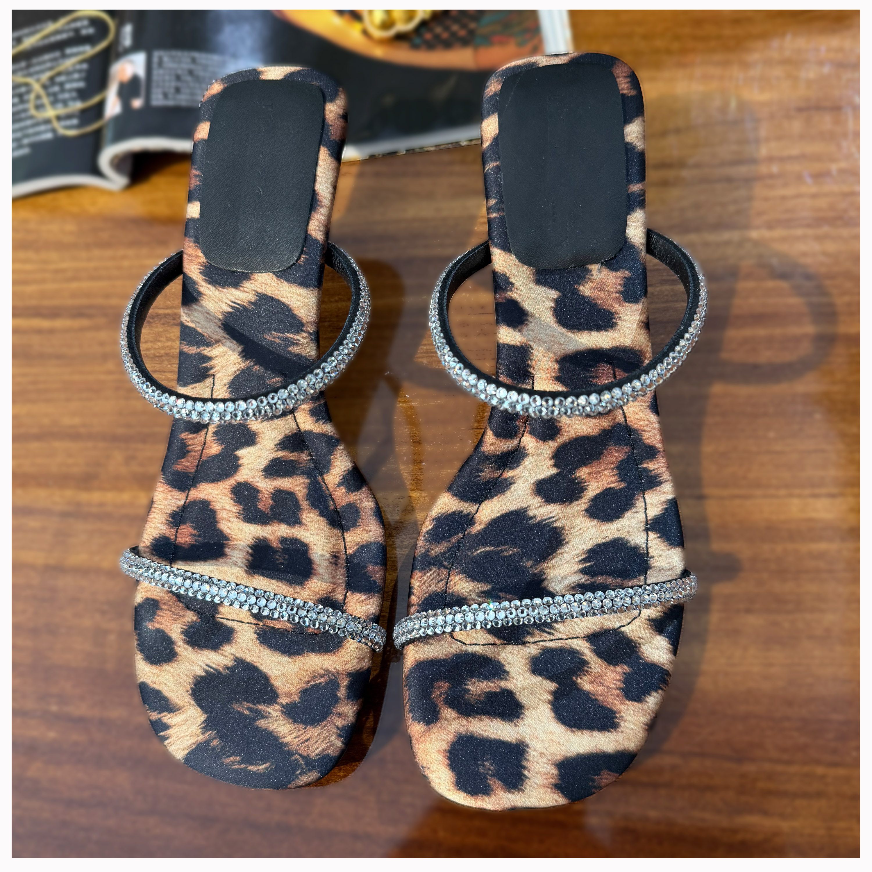 夏款奢华一字带豹纹水钻方头高跟凉鞋