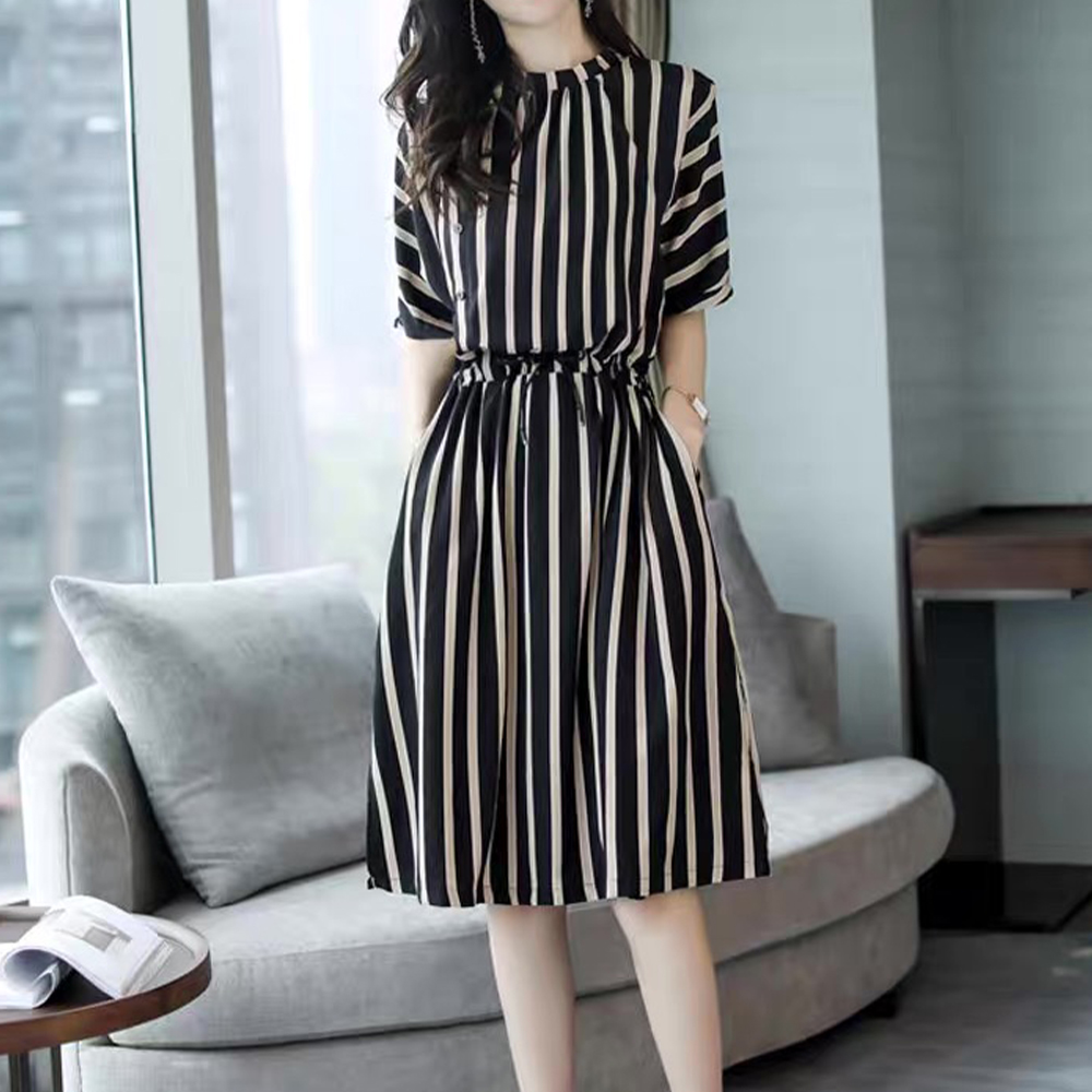 真丝斜纹绸斜襟条纹抽绳收腰显瘦100桑蚕丝连衣裙ZKC21黑色