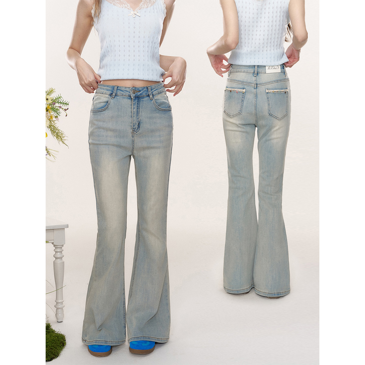 16DEWS Boho Chic 两粒扣彩石蕾丝花边高腰微喇牛仔裤