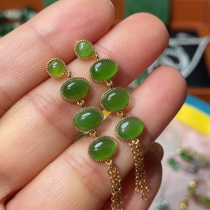 和田玉银S925镶嵌耳饰颜色多样性发货