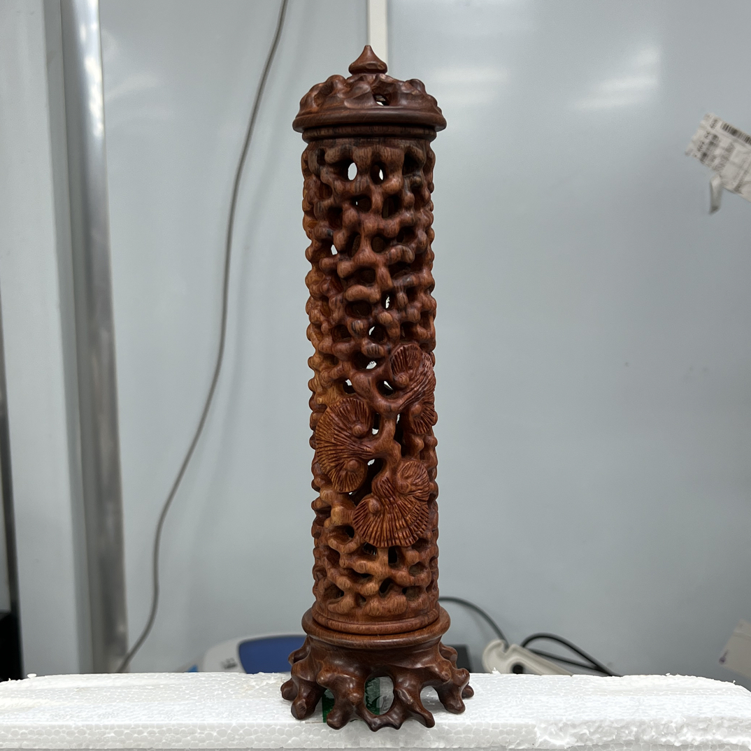 缅甸花梨（大果紫檀）手工镂空雕如意原木原色线香筒少量库存处理88