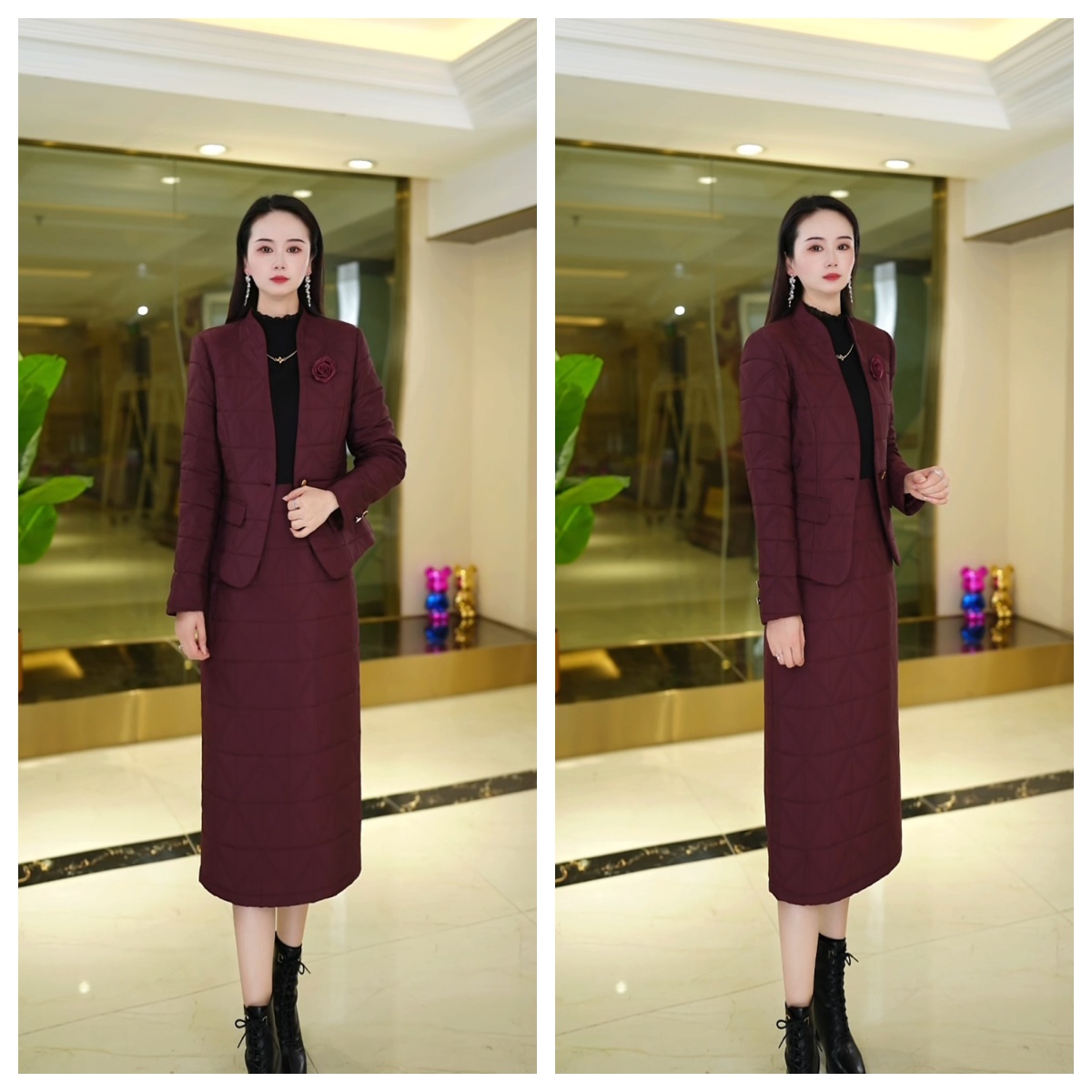 丹思俪两件套秋冬新款高档加厚夹棉气质修身百搭连衣裙套装Y6063