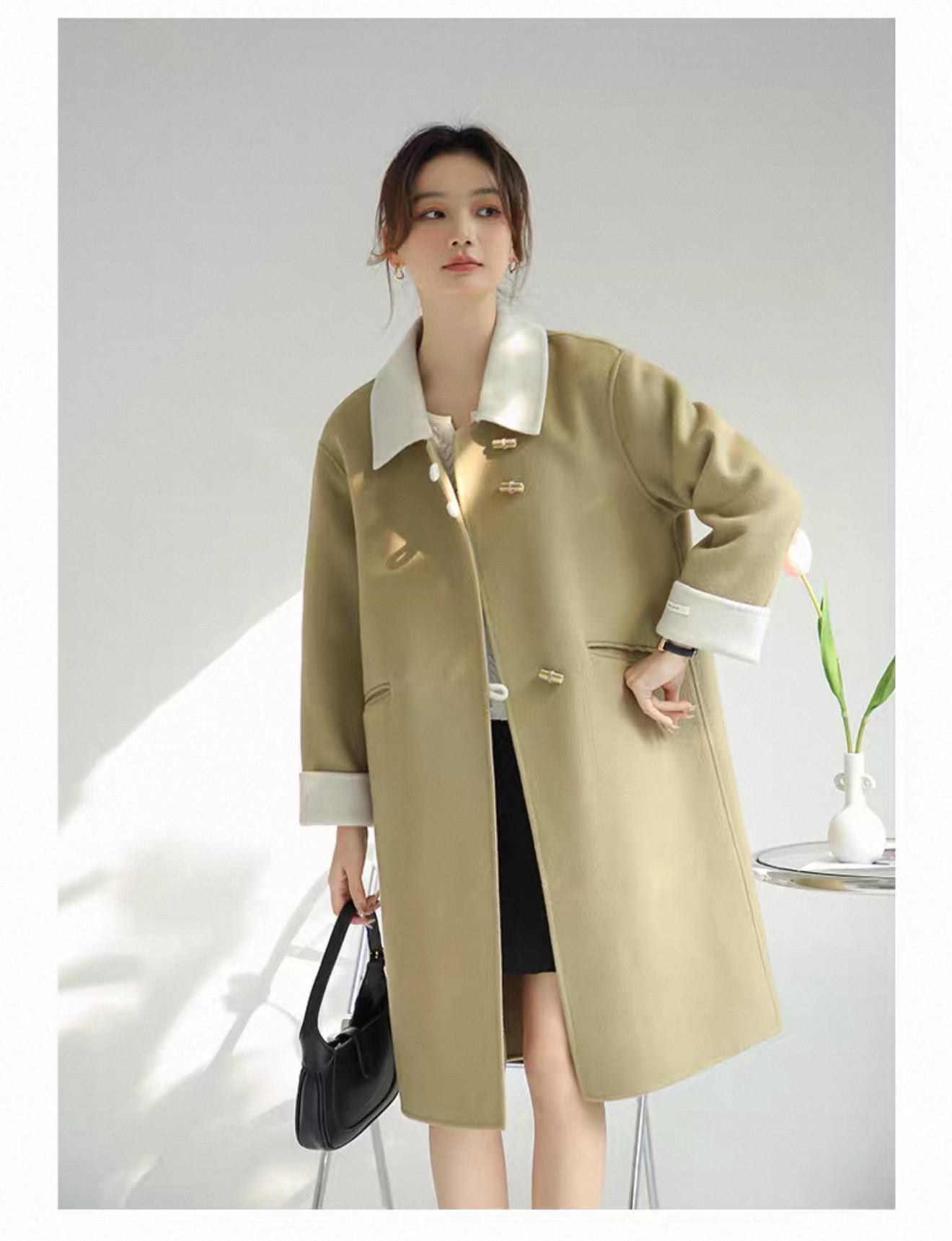 【HUI HUI】2025新款翻领长款秋冬女长袖冬季百搭毛呢外套