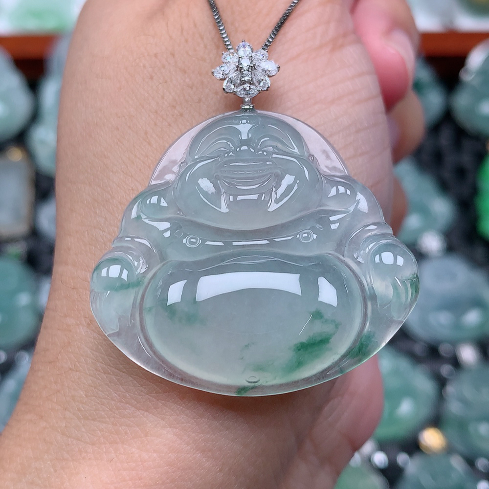 翡翠A货 18k金扣头冰种冰飘花大佛公吊坠 尺寸33×36.5×6.2