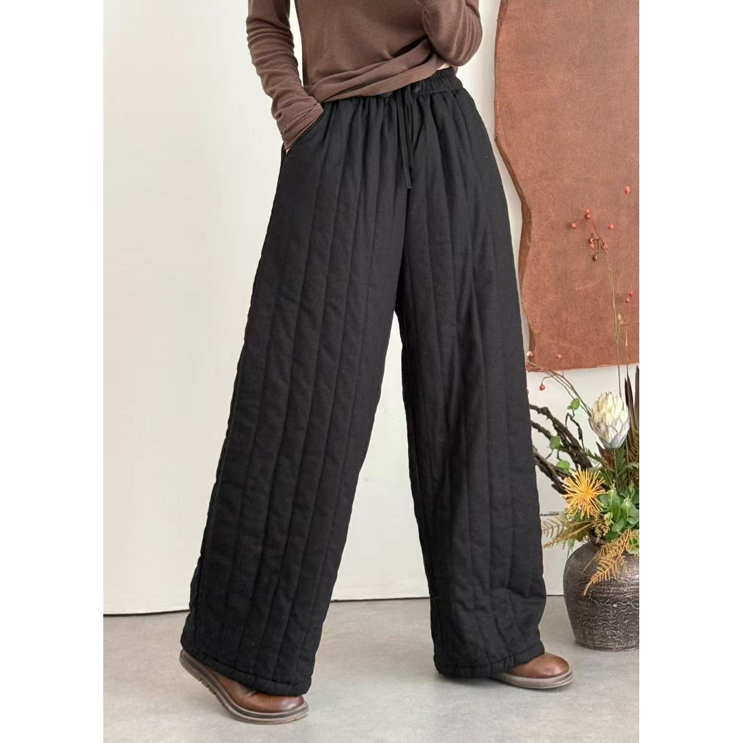 8876秋冬新款宽松直筒加棉加厚休闲显瘦女裤阔腿裤百搭外穿松紧腰