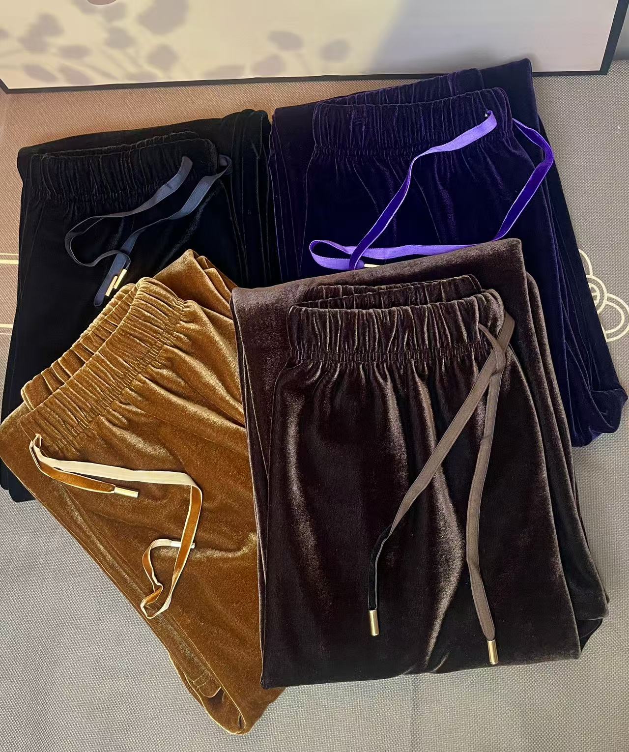 {加绒加厚}丝绒窄版直筒松紧腰厚款中式复古阔腿裤宽松百搭休闲裤