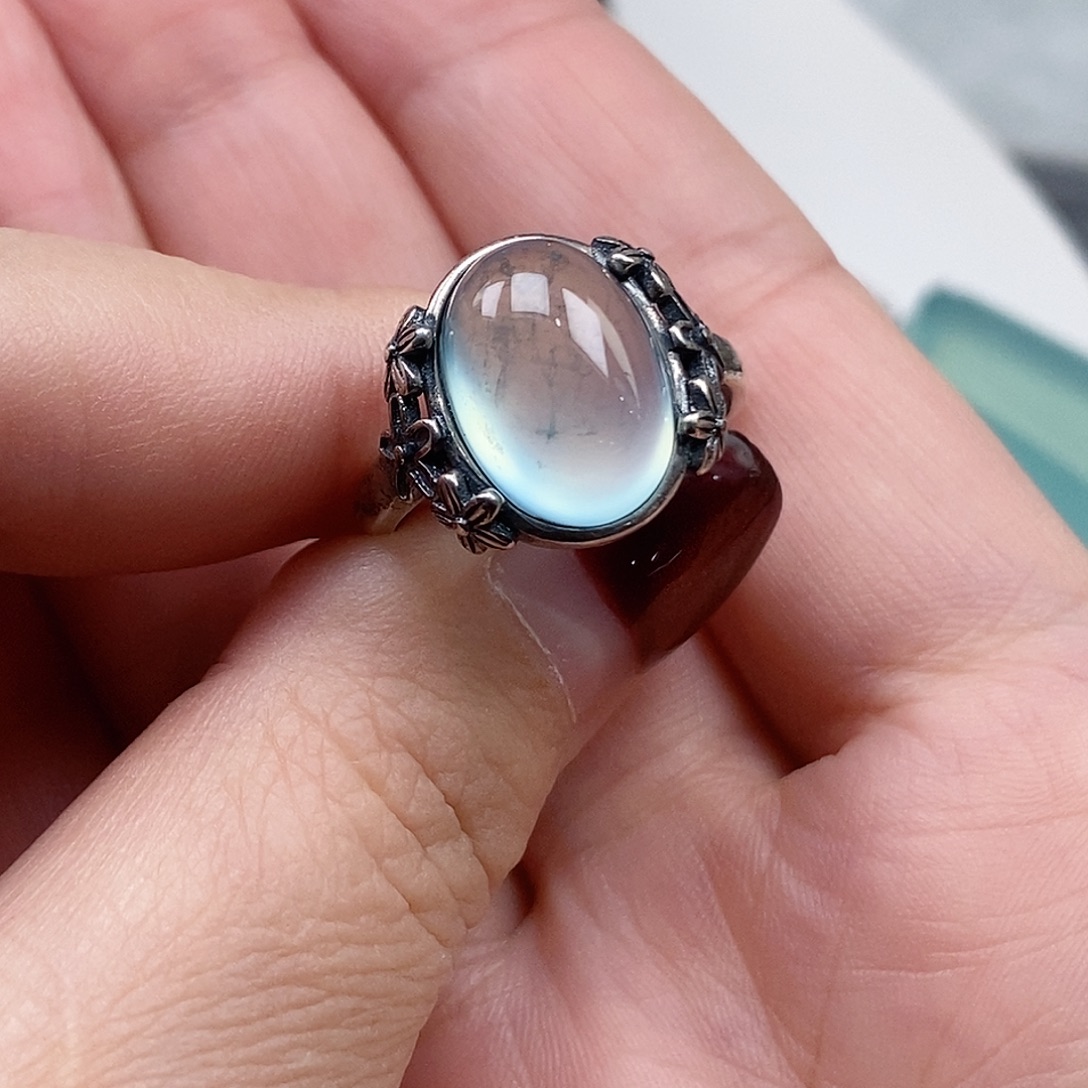 半***提蛇纹石玉银S925镶嵌戒指