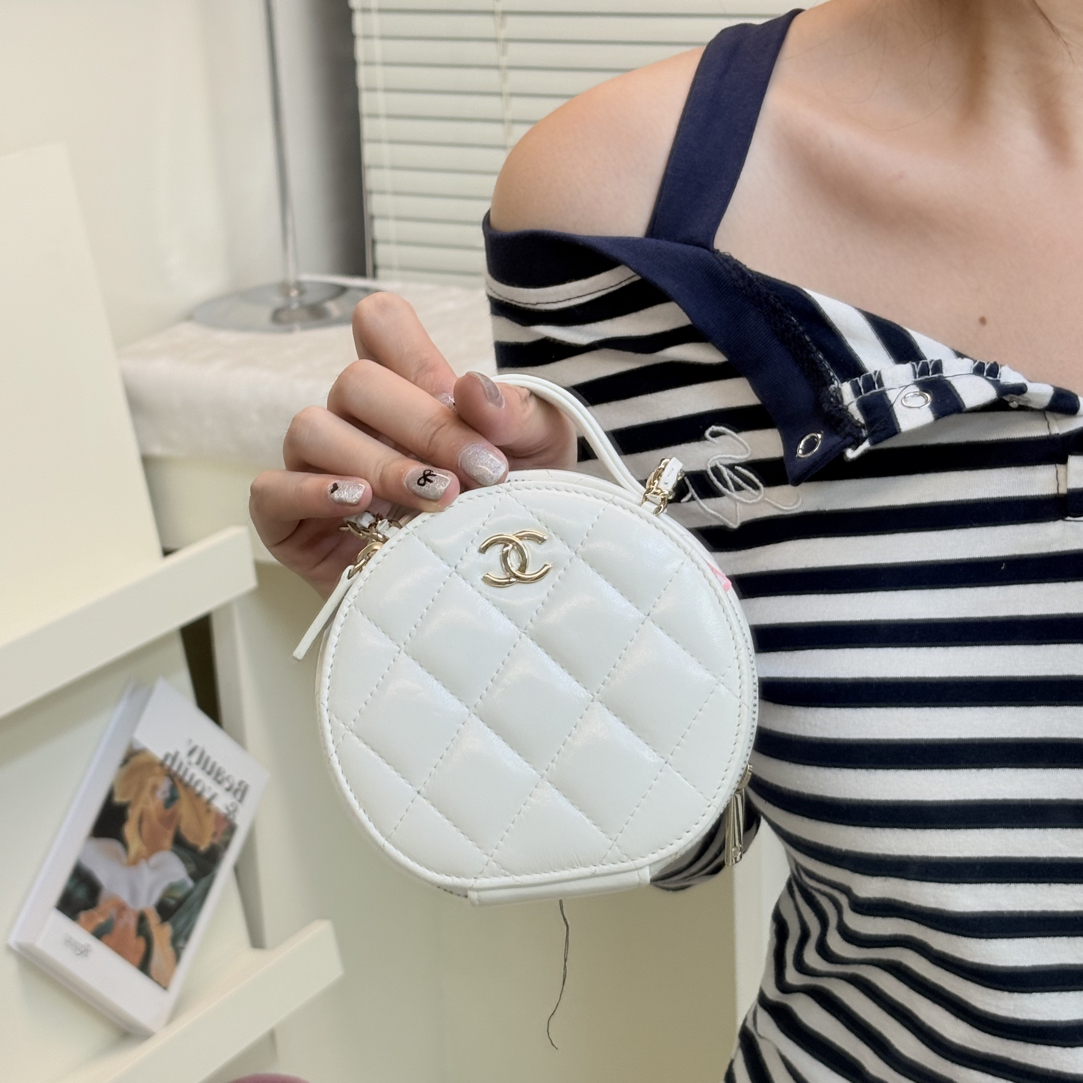 95新 Chanel/香奈儿 白色小圆包法式手提款单根斜挎包单肩百搭