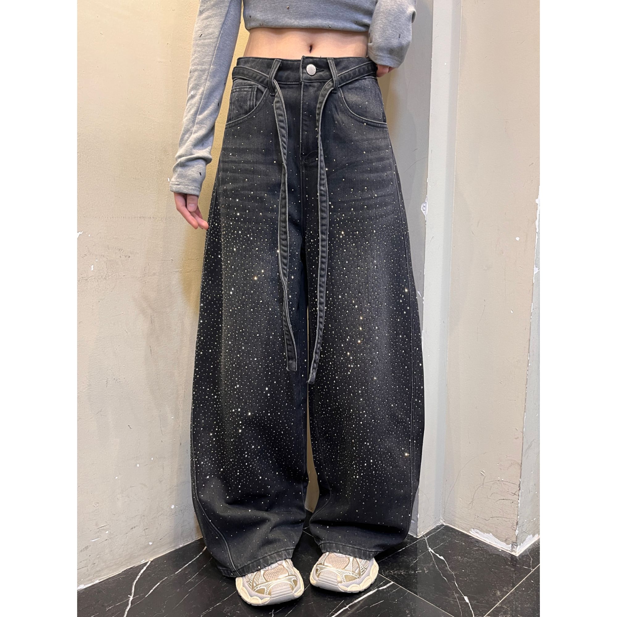 范范与凡凡【璀璨夺目】厚绒满天星烫钻牛仔裤美式抽绳设计感拖地裤