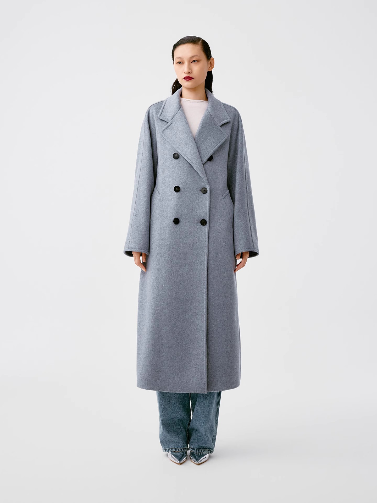 LA MAISON JADE 全羊绒经典双排扣翻领长大衣