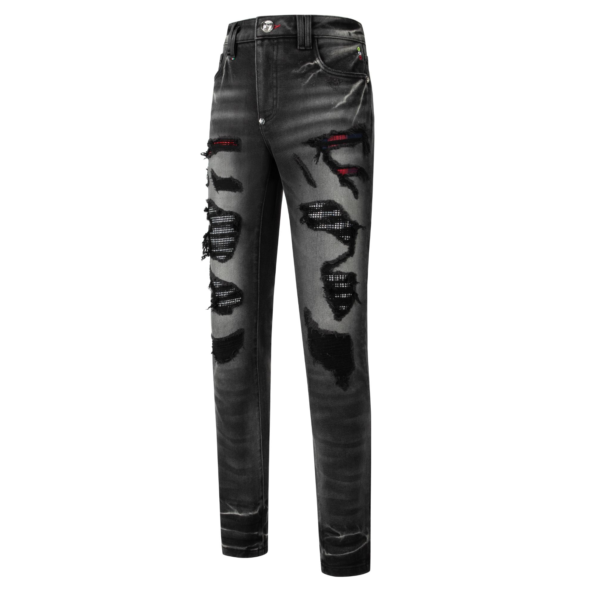 PHILIPP PRO秋冬新款修身牛仔裤黑色破洞水洗做旧涂鸦弹力牛仔男