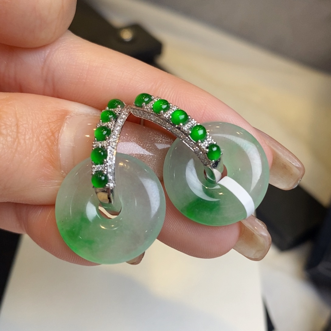 翡翠耳饰18K金镶嵌甜甜圈➕蛋面耳扣