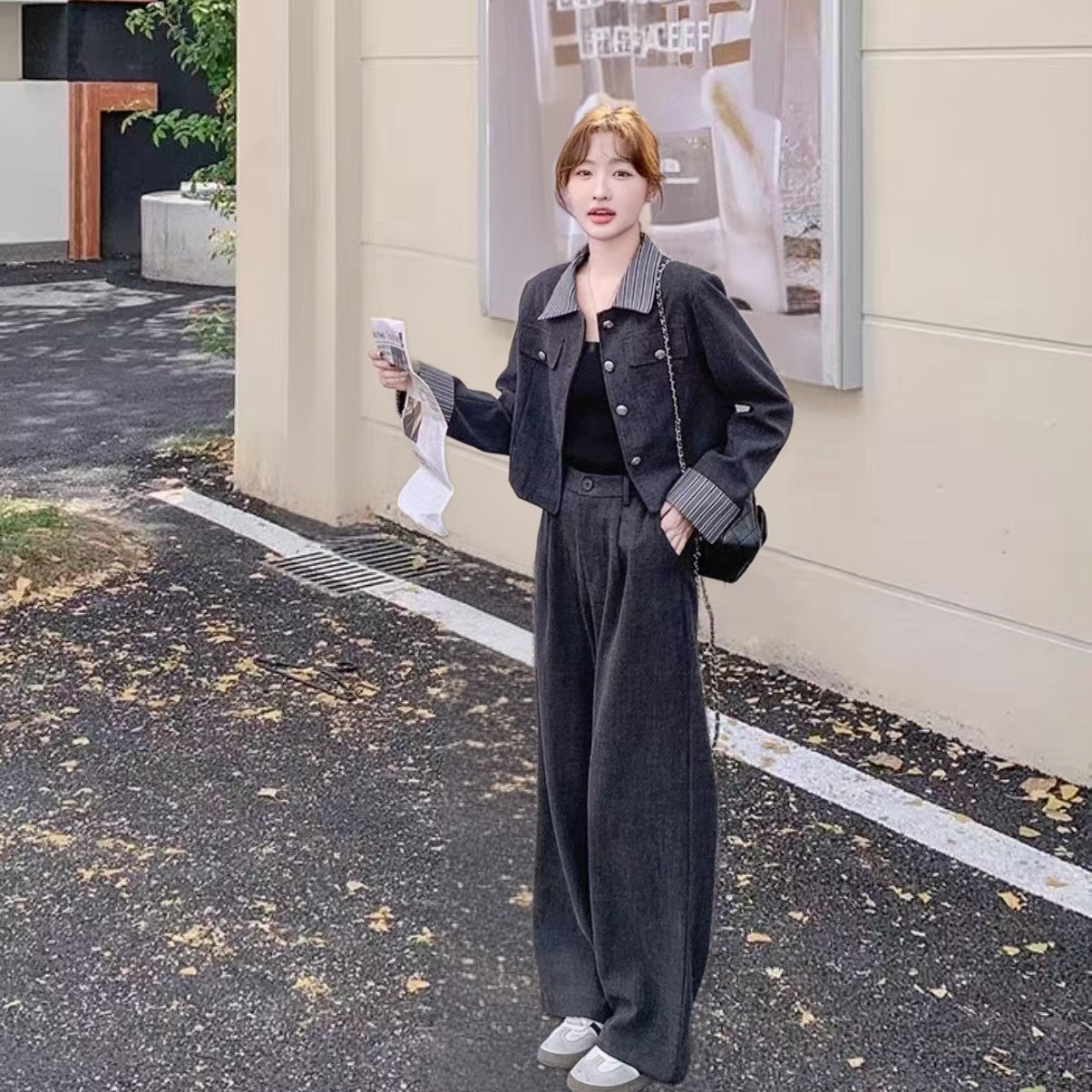 [婷婷家]时尚外套搭阔腿长裤套装（两件套），气质显瘦盐系又飒百搭