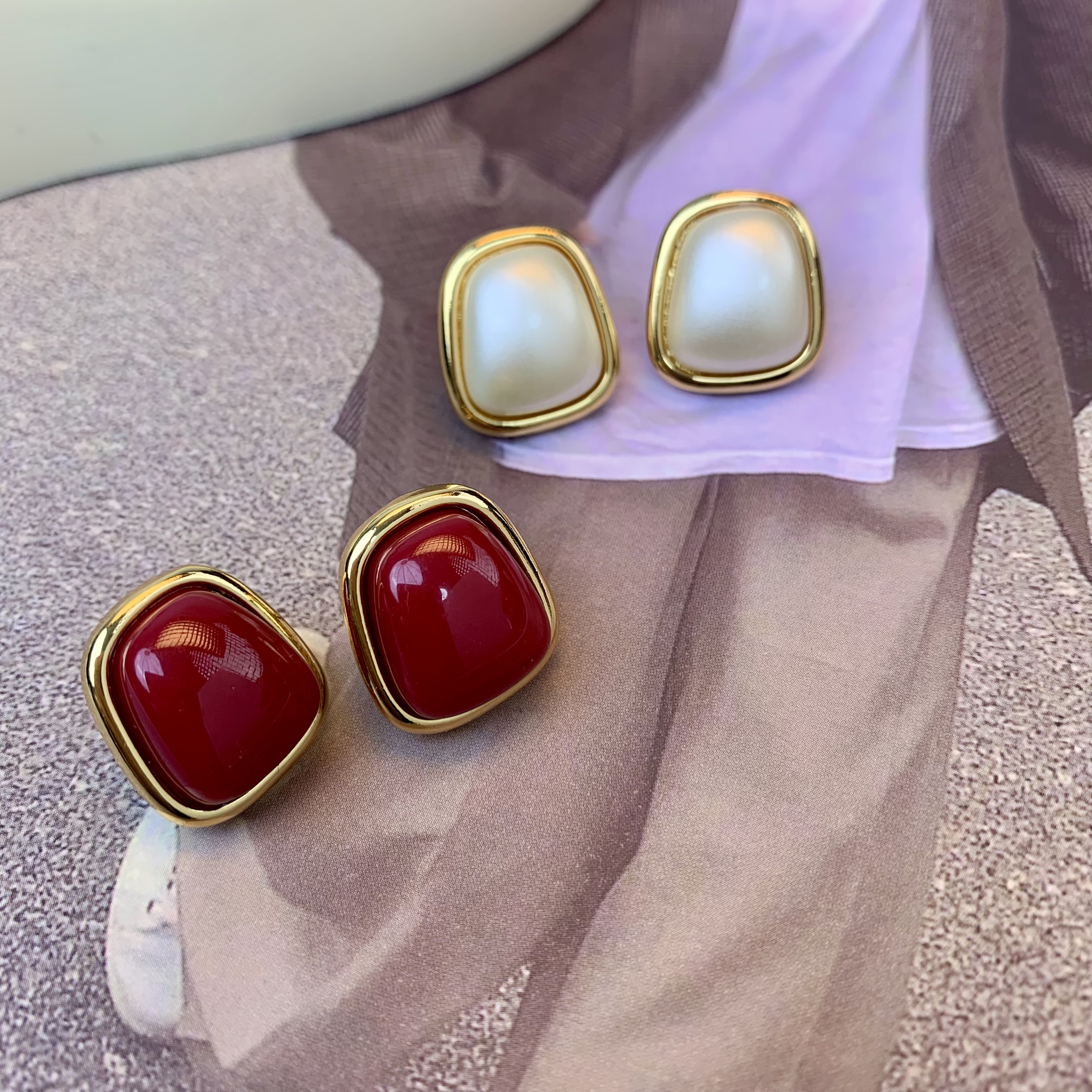 铜合金耳饰 法式方块安克拉红色耳钉百搭高级优雅气质耳饰3209